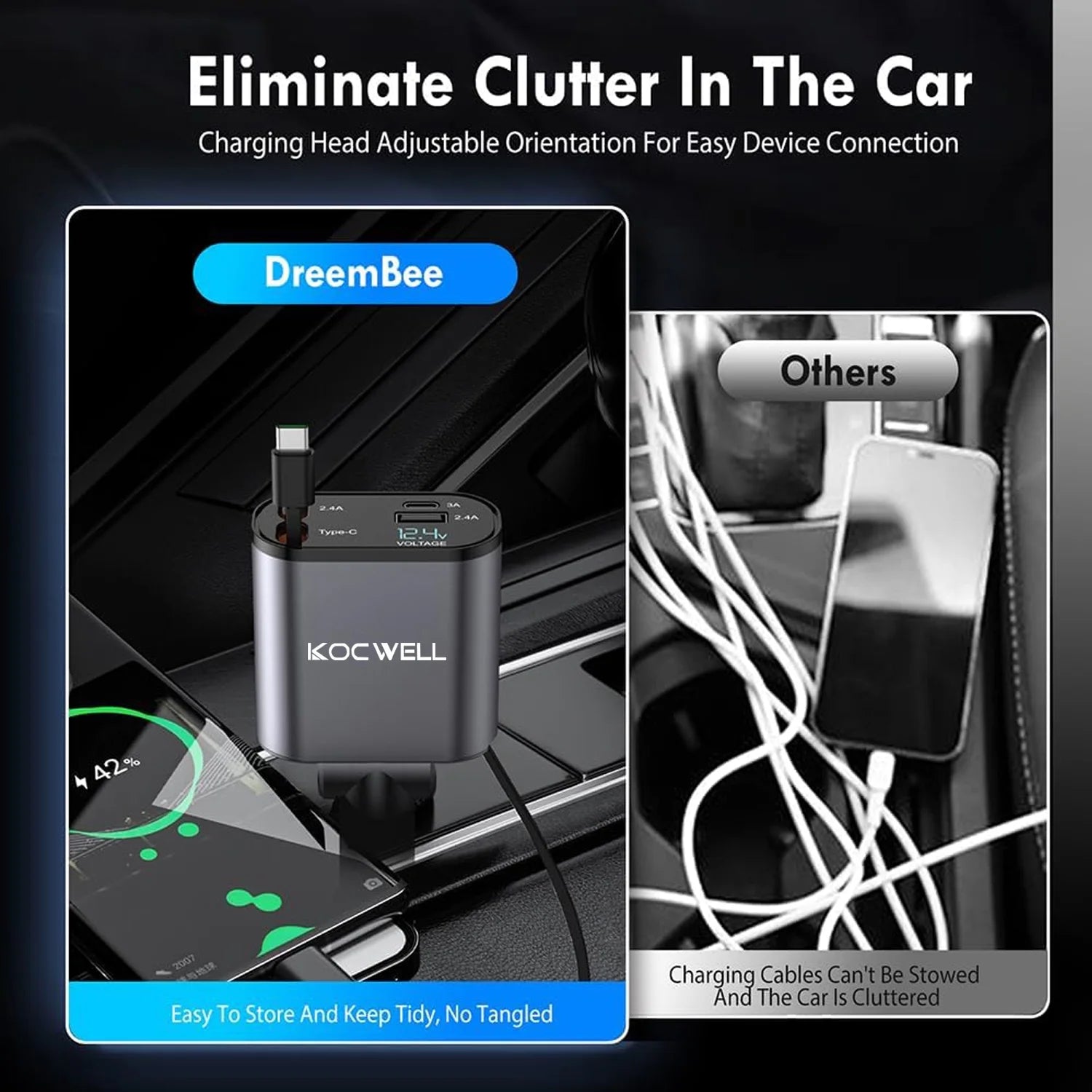 , Carga Súper Rápida 4 En 1 Con Cables Retráctiles (31,5 Pulgadas) Y 2 Puertos USB, Negro