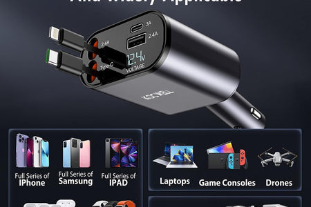 , Carga Súper Rápida 4 En 1 Con Cables Retráctiles (31,5 Pulgadas) Y 2 Puertos USB, Negro