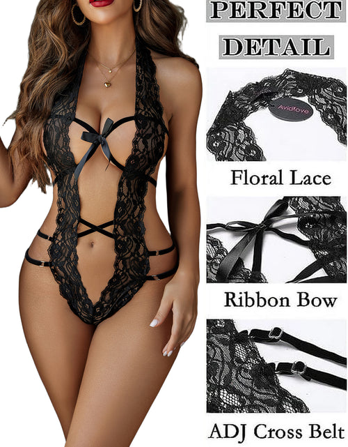 Load image into Gallery viewer, Lencería De Encaje Para Mujer Body De Escote Profundo En V Ropa Interior De Una Pieza Negro
