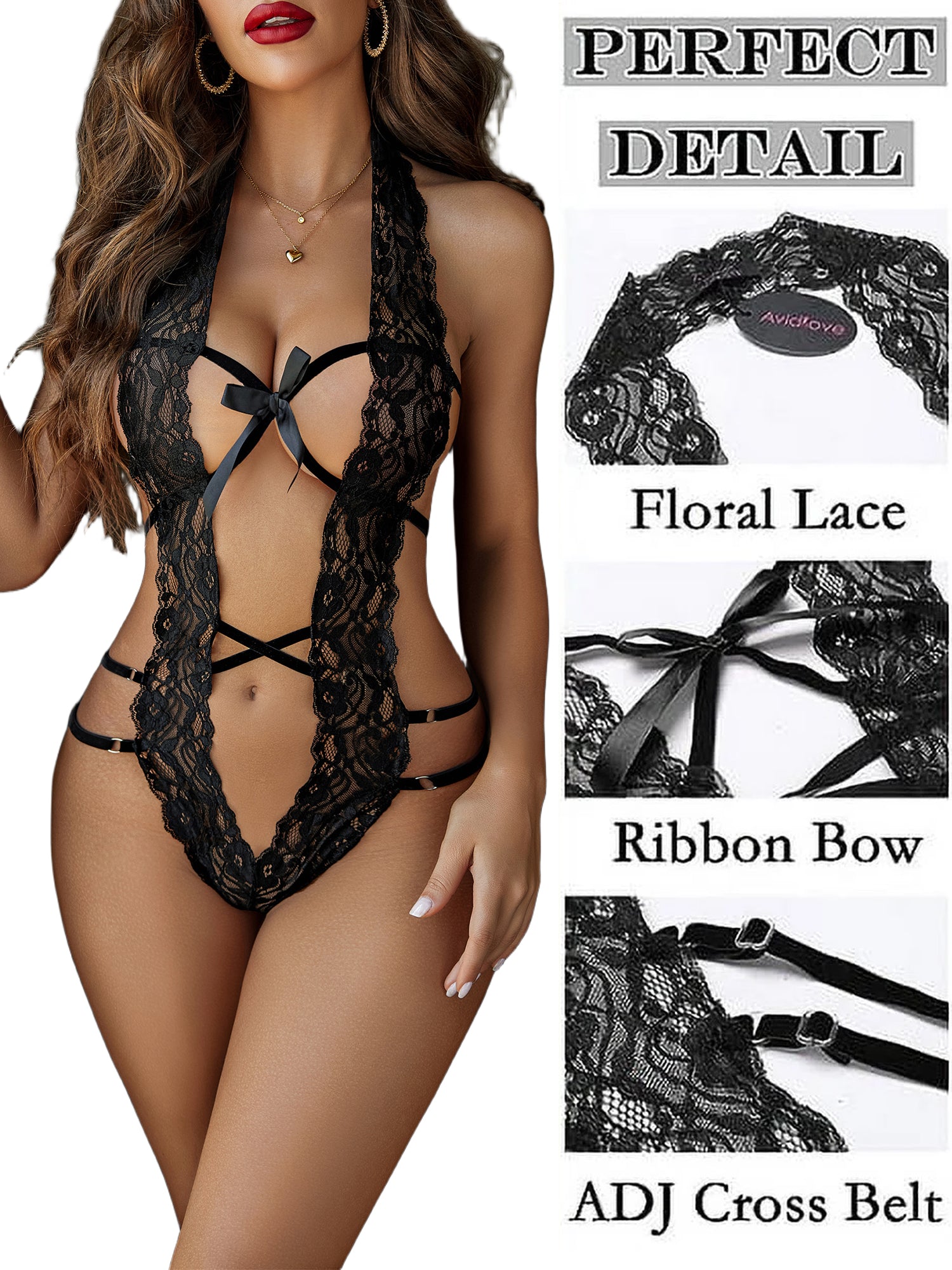 Lencería De Encaje Para Mujer Body De Escote Profundo En V Ropa Interior De Una Pieza Negro