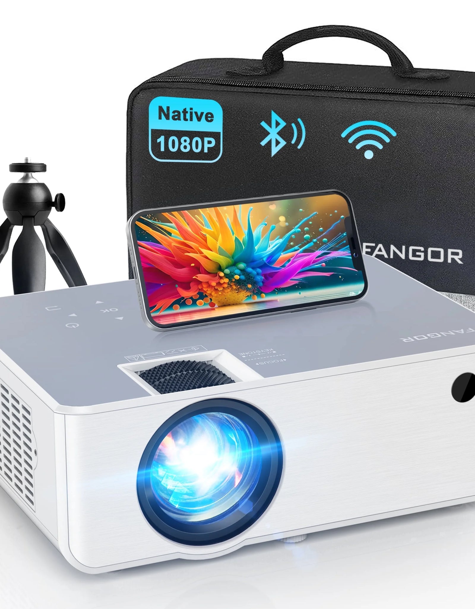 Wifi Bluetooth Projector, Portable Movie Projector Native 1080P for Home &Outdoor, Full HD Video Projector Compatible with Phone/Laptop/Pc/ TV Stick/Usb/Sd Card (Tripod Included)
