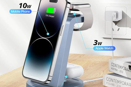 Cargador Inalámbrico - Estación De Carga 3 En 1 Compatible Para Iphone Y Iwatch - Base De Carga Para Airpods (Azul)